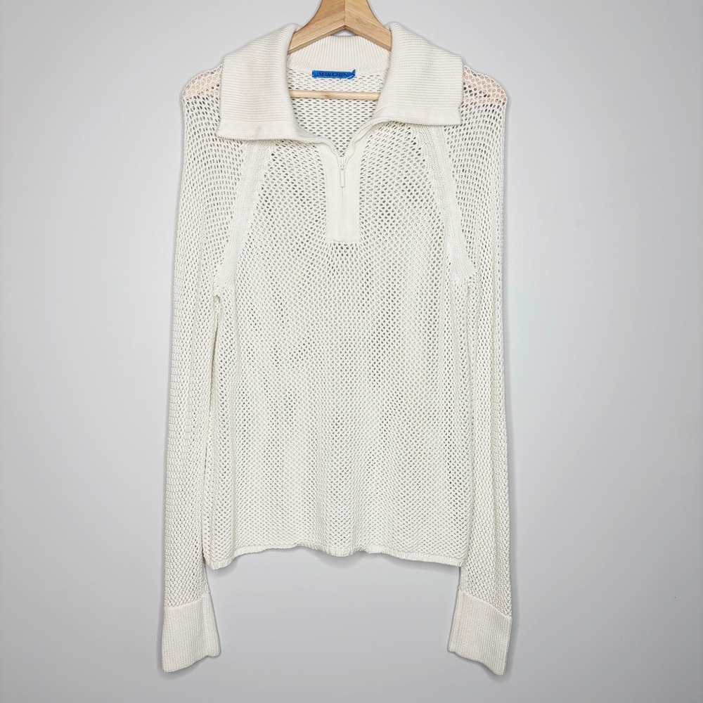 J.McLaughlin Womens White Open Knit Mesh Quarter Zip Sweater Large Cotton Modal